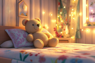Toy bear on festive decorated children room background with copy space