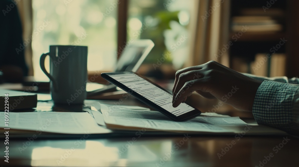 Poster a person using a tablet while sitting at a desk with a cup and papers.