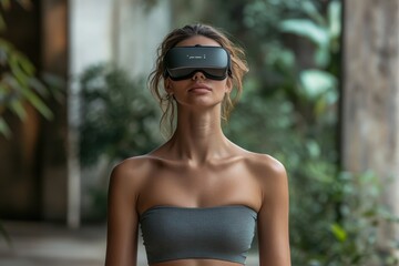 Fototapeta premium Woman experiences virtual reality in a serene outdoor setting during daytime