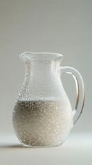 Glass jug of chilled milk with condensation on a light background