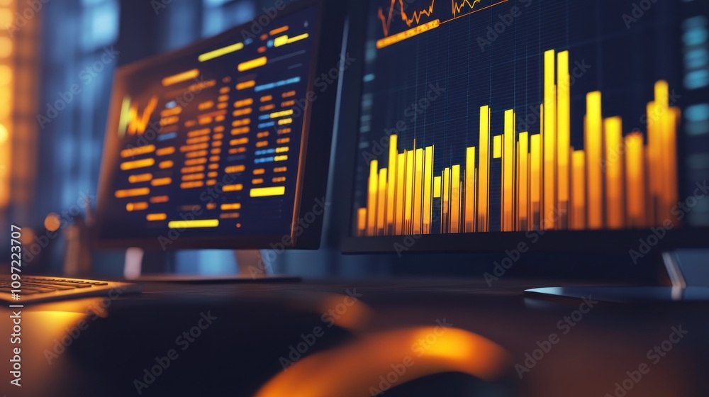 Aufkleber Two computer monitors displaying financial data and graphs, with a keyboard and mouse in the foreground, set against a blurred background of a city at night.