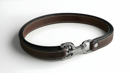 Brown leather dog leash with silver clasp isolated on white background.