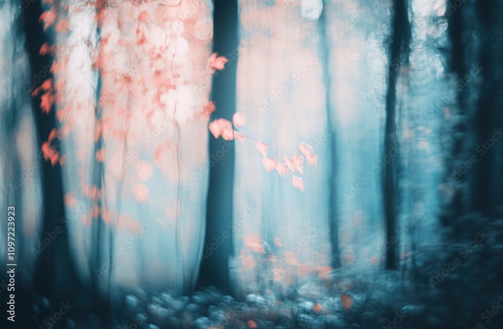 Poster abstract blurred forest with soft focus on the red leaves and blue light.