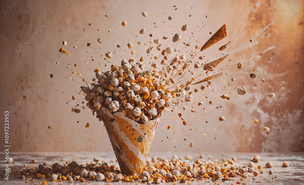 Aufkleber A cone of popcorn is scattered all over the table. The popcorn is in various sizes and shapes, and it looks like it has exploded. The scene gives off a sense of chaos and excitement
