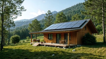 a modern, eco-friendly cabin with solar panels on the roof, surrounded by a lush green forest and majestic mountains in the distance.