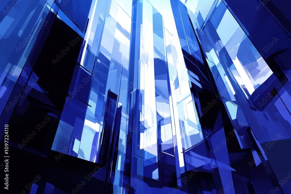 Poster Abstract blue geometric pattern with a low angle perspective and light shining through.