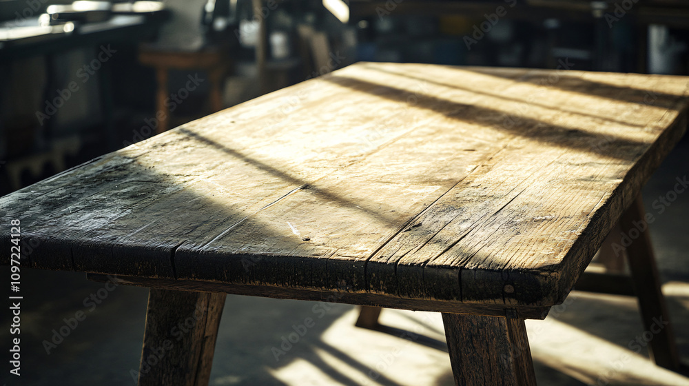 Poster sunlight casting contrasting lines of light and shadow on a weathered wooden table in a workshop, ev