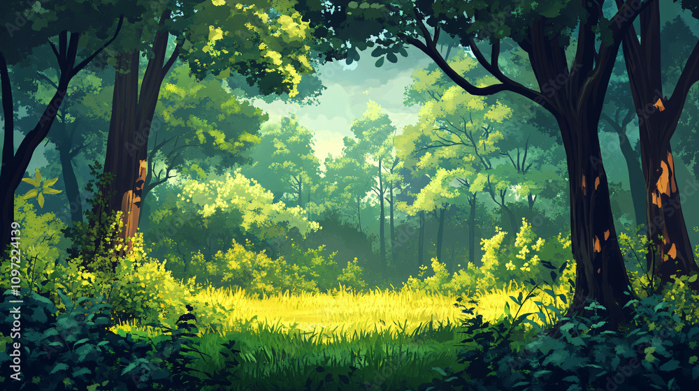 Poster sunlight filters through the trees, illuminating a clearing with vibrant yellow grass in a lush gree