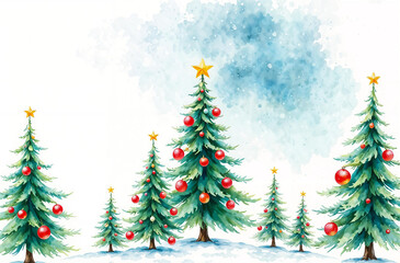 Obraz premium Colorful Christmas trees adorned with stars and ornaments create a festive winter landscape