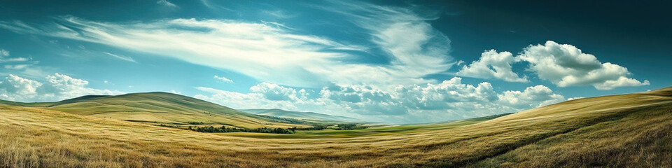 Obraz premium A vast open sky above rolling hills, leading the eye to the distant vanishing point.