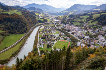 View on Alps and town of Werfen from Burg Hobenwerfen in Austria