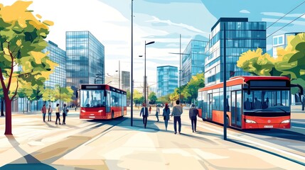 Modern Cityscape Featuring Red Buses and Pedestrians Walking