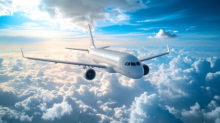 Fototapeta premium airplane flying through the clouds, a stunning blue-tinted sky with clouds. The feeling is optimistic, excitement, joy, adventure