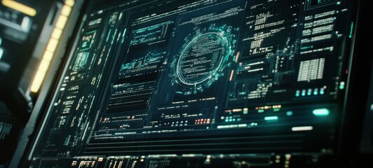 Futuristic Digital Interface:  A Close-Up View of a High-Tech Screen Displaying Complex Data and Code