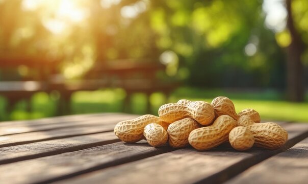 Peanuts arranged on a picnic table in a sunny outdoor park setting during a relaxed gathering