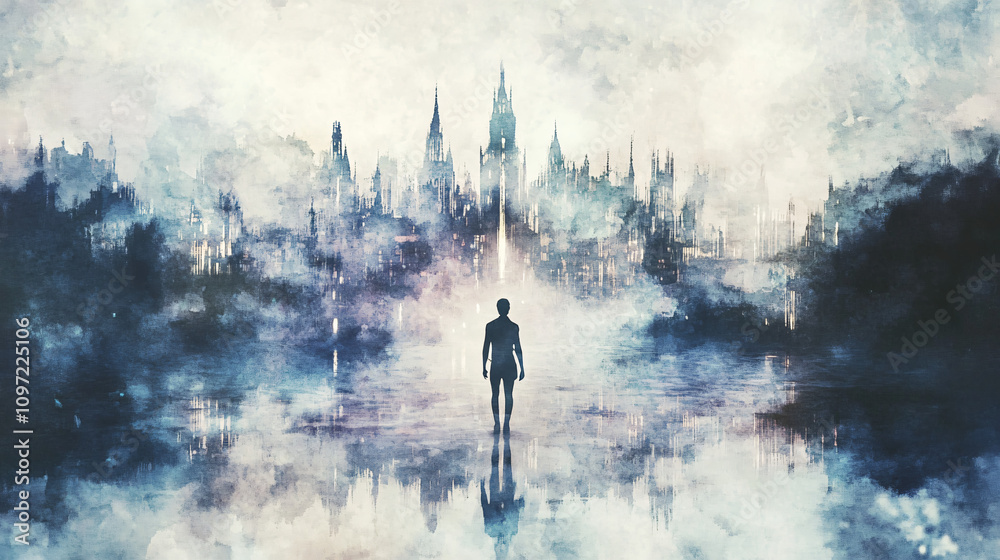 Aufkleber enigmatic image of a man strolling on water towards a futuristic city in dense fog, with intriguing 