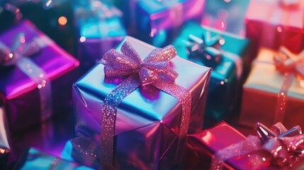 Glittering Presents Under Neon Lights A Festive Display