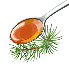 Illustration of a spoonful of pine needle syrup, with pine needles, isolated on white background.