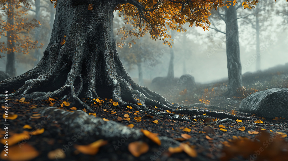 Aufkleber enigmatic roots of a massive tree thriving in a misty fall forest