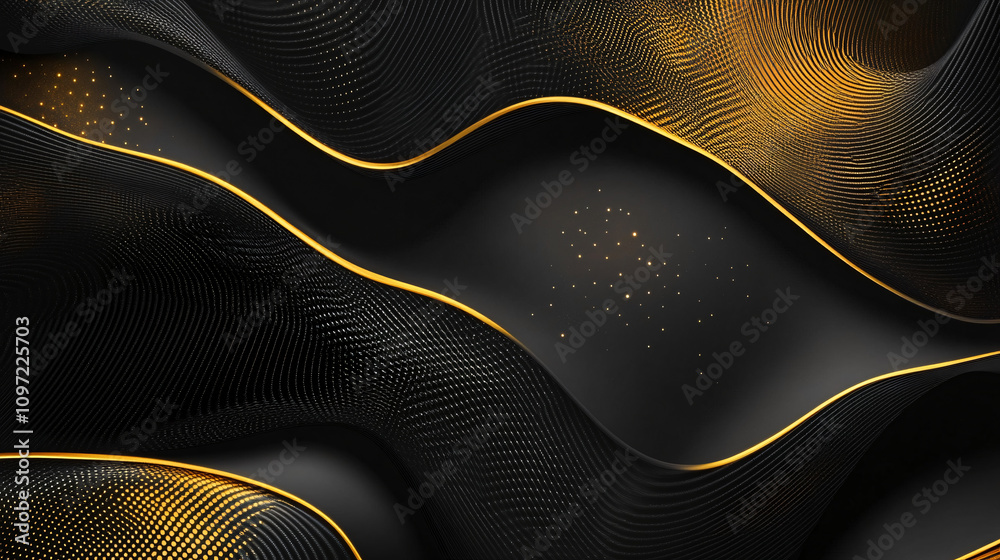 Poster golden particles flowing and glowing on abstract black wavy stripes background