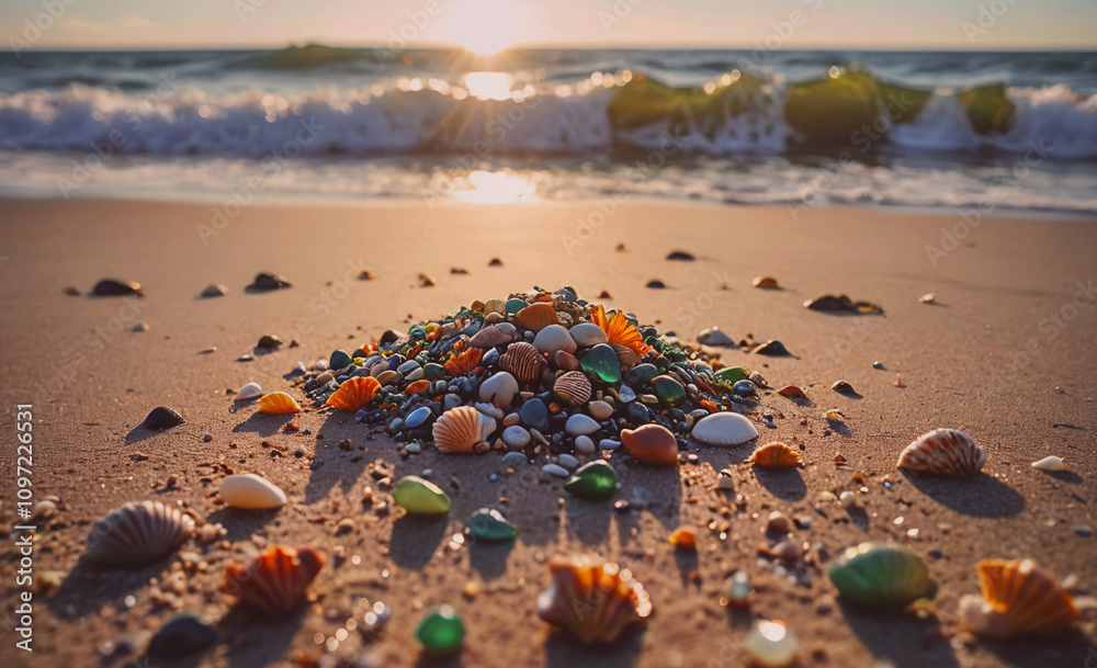 Poster a pile of shells on a beach. the shells are of different colors and sizes. the scene is peaceful and