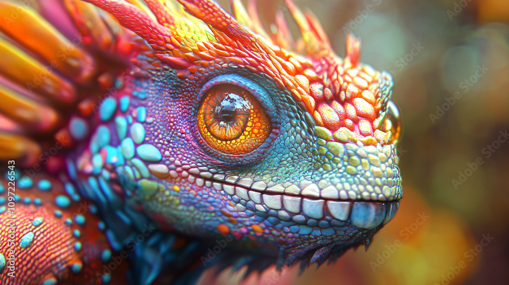Poster up-close view of a vivid lizard, showcasing its colorful scales and spiky crest in a breathtaking ex