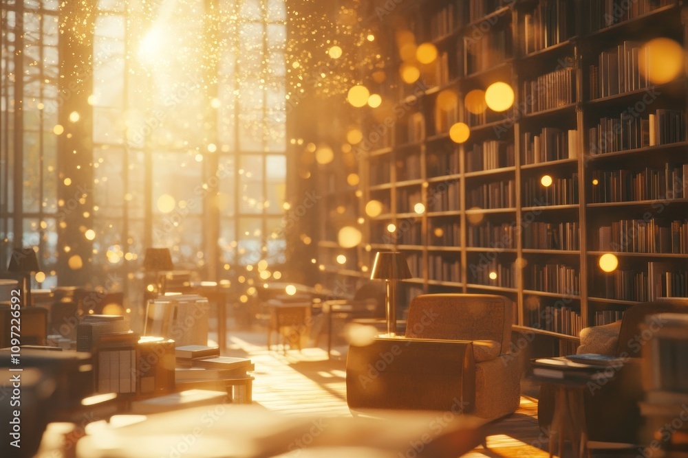 Leinwandbilder sunbeams illuminate a library with bookshelves and comfy chairs, creating a warm and inviting atmosp