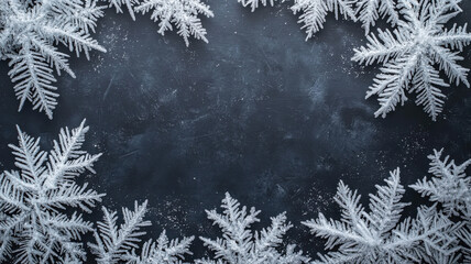 Background and Frame Festive Christmas, Frosted snowflakes frame dark background, creating wintery feel
