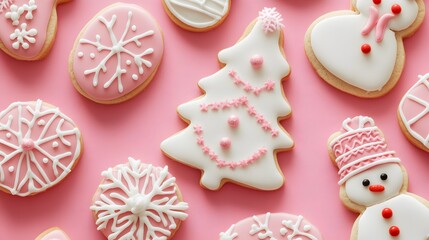パステル ピンクの背景にクリスマスのアイシングクッキー