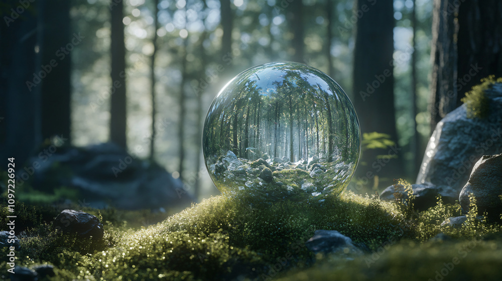 Poster glass sphere reflects sunlight and surrounding trees in a serene, verdant forest setting
