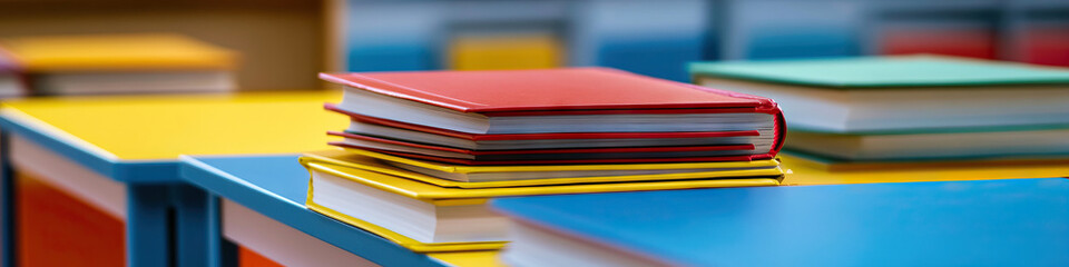 Orderly Classroom: A well-organized table, displaying neatly stacked books and colorful papers.