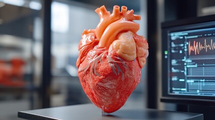 Anatomical heart model on table near medical monitor displaying EKG.