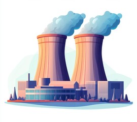 Illustration of a modern nuclear power plant with cooling towers