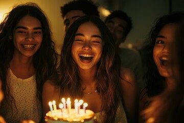 Fototapeta premium A group of friends gathers to celebrate a birthday sharing laughter and joy at the host s home
