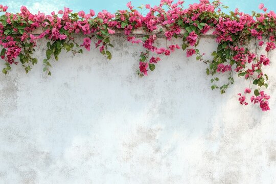 A white wall adorned with cascading pink bougainvillea under a blue sky