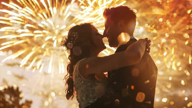 Newlyweds dancing under fireworks, highlighting excitement and celebration