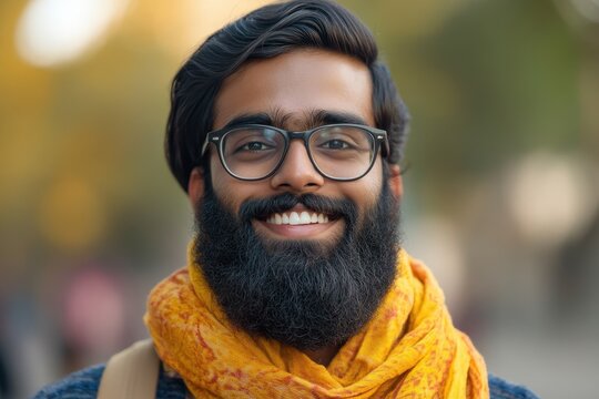 amiable young Indian man with glasses and a beard - Powered by Adobe