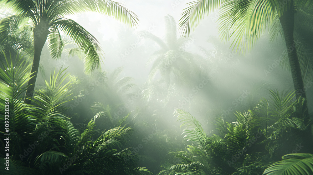 Poster lush vegetation and palm trees growing in foggy rainforest with sunlight filtering through