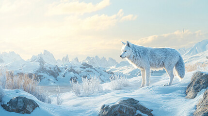 Fototapeta premium Majestic arctic wolf standing in a beautiful snowy mountain valley at sunrise, enjoying the breathtaking winter scenery