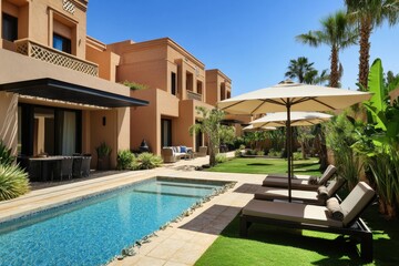 Fototapeta premium Attractive garden featuring a pool loungers with shade a sheltered patio with seating hedges palm trees low grass and blue skies
