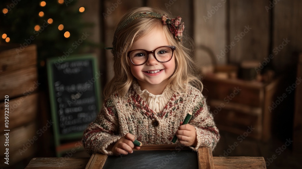 Aufkleber A cheerful child in a cozy sweater poses with a chalkboard in a rustic setting.