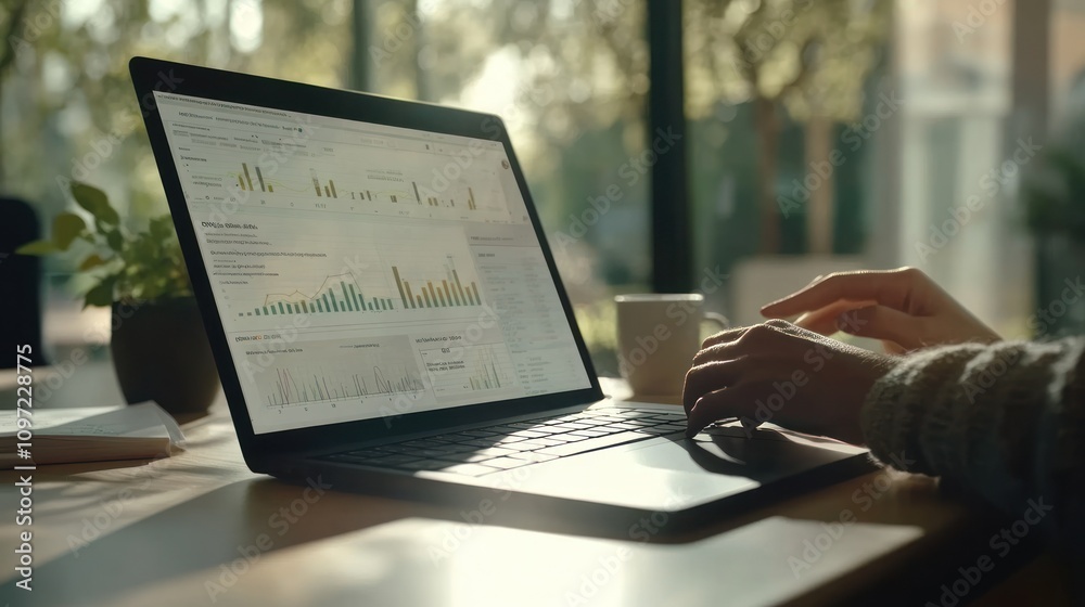 Poster a person analyzing data on a laptop in a bright, green environment with a coffee cup.
