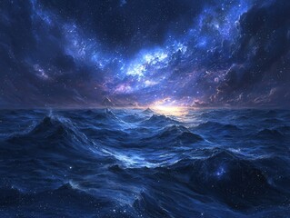 Fototapeta premium Starry Night Ocean: A Cosmic Seascape of Dreams and Imagination
