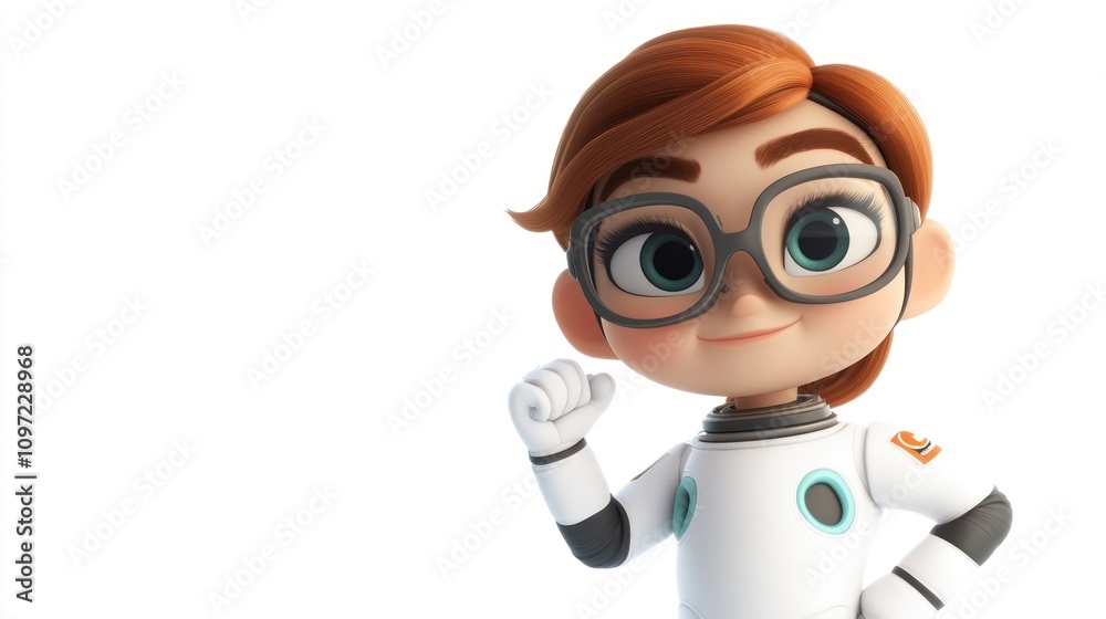 Poster a cheerful animated character in a space suit, promoting science and exploration.