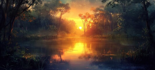 Golden Sunset over Serene Lake in Mystical Forest