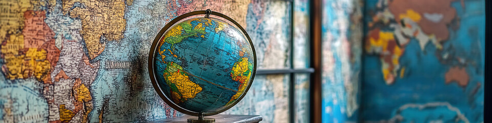 Geographical Gateway: A map-covered wall and globe-filled corner, inspiring exploration of geography and world cultures.