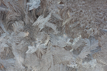 Intricate natural ice patterns on a frosty surface, showcasing detailed crystalline formations. Perfect for winter, seasonal, or abstract design projects.
