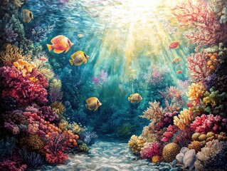 Vibrant underwater scene with colorful coral and fish illuminated by sunlight.