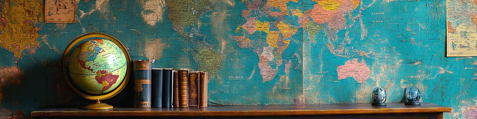 Geographical Gateway: A map-covered wall and globe-filled corner, inspiring exploration of geography and world cultures.