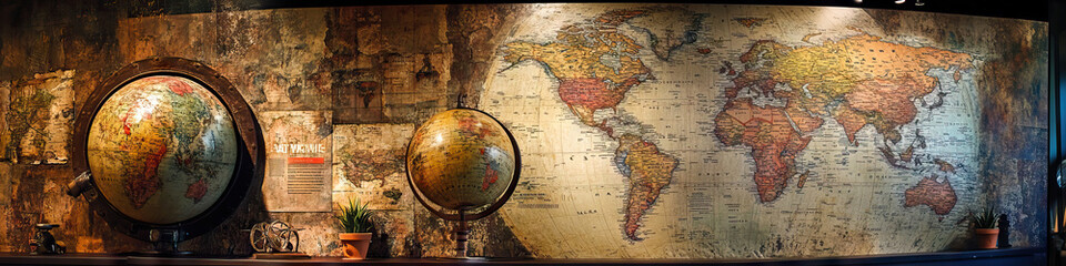 Naklejka premium Geographical Gateway: A map-covered wall and globe-filled corner, inspiring exploration of geography and world cultures.